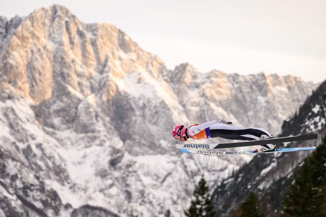Canada's Abigail Strate competes during the trial round of the Women Individual Flying Hill competition of the FIS Ski Jumping World Cup in Planica, Slovenia on March 27, 2026. (Photo by Jure Makovec / AFP)