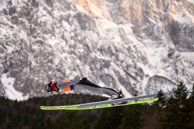 Norway's Anna Odine Stroem competes during the trial round of the Women Individual Flying Hill competition of the FIS Ski Jumping World Cup in Planica, Slovenia on March 27, 2026. (Photo by Jure Makovec / AFP)
