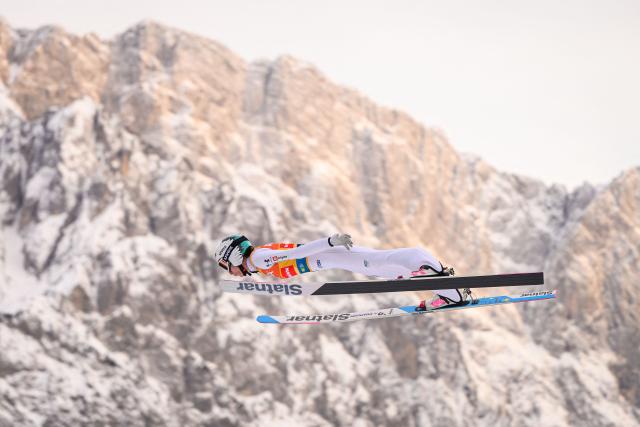 Slovenia's Nika Prevc competes during the trial round of the Women Individual Flying Hill competition of the FIS Ski Jumping World Cup, as she set a new women's ski flying world record at 242.5 m with this jump, in Planica, Slovenia on March 27, 2026. (Photo by Jure Makovec / AFP)