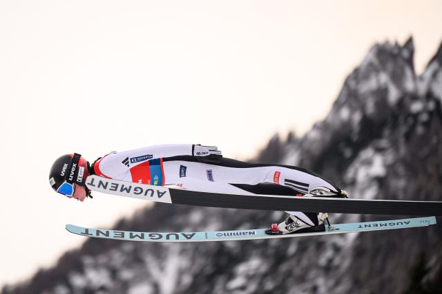 Norway's Eirin Maria Kvandal competes during the trial round of the Women Individual Flying Hill competition of the FIS Ski Jumping World Cup in Planica, Slovenia on March 27, 2026. (Photo by Jure Makovec / AFP)
