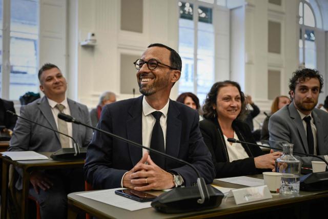 Pau's new Mayor Jerome Marbot during the vote for his installation as Mayor of Pau at the City Hall (Hotel de Ville) of Pau, south-western France, on March 27, 2026. Marbot, a public and environmental law attorney, defeated outgoing MoDem leader Francois Bayrou by 344 votes in the second round of municipal elections on March 22. (Photo by Philippe LOPEZ / AFP)