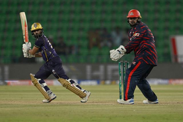 Quetta Gladiators' Saud Shakeel plays a shot during the Pakistan Super League (PSL) Twenty20 cricket match between Quetta Gladiators and Karachi Kings at the Qaddafi Cricket Stadium in Lahore on March 27, 2026. (Photo by Arif ALI / AFP)
