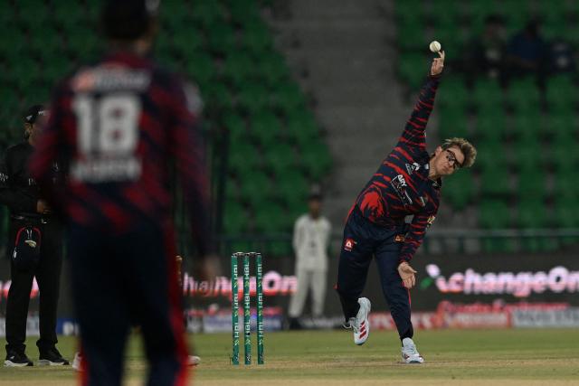 Karachi Kings' Adam Zampa delivers the ball during the Pakistan Super League (PSL) cricket match between Karachi Kings and Quetta Gladiators at the Qaddafi Cricket Stadium in Lahore on March 27, 2026. (Photo by Arif ALI / AFP)