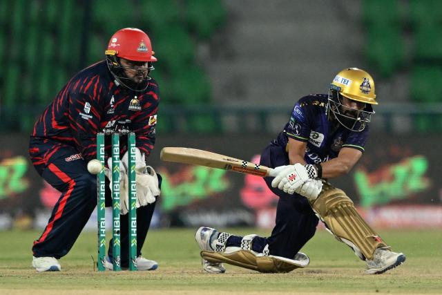 Quetta Gladiators' Saud Shakeel plays a shot during the Pakistan Super League (PSL) Twenty20 cricket match between Quetta Gladiators and Karachi Kings at the Qaddafi Cricket Stadium in Lahore on March 27, 2026. (Photo by Arif ALI / AFP)