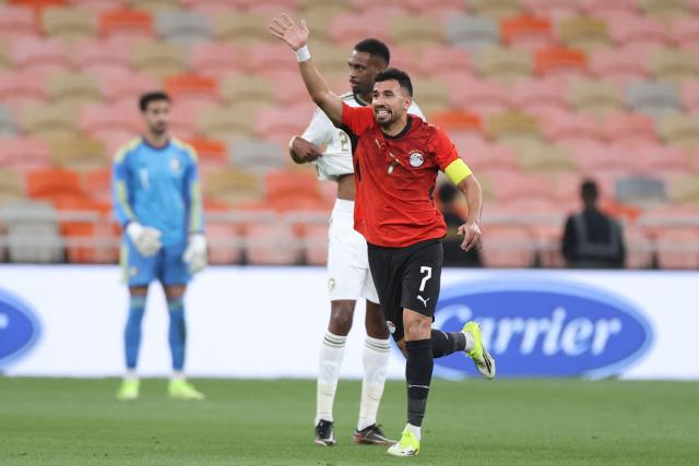 Egypt's forward #7 Mahmoud Trezeguet celebrates after scoring his team's second goal during the friendly football match between Saudi Arabia and Egypt at King Abdullah Sports City in Jeddah on March 27, 2026. (Photo by AFP)