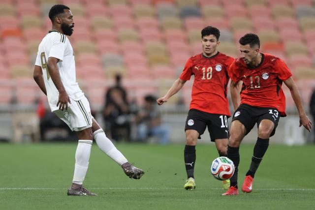 Saudi Arabia's forward #9 Feras Albrikan passes the ball during the friendly football match between Saudi Arabia and Egypt at King Abdullah Sports City in Jeddah on March 27, 2026. (Photo by AFP)