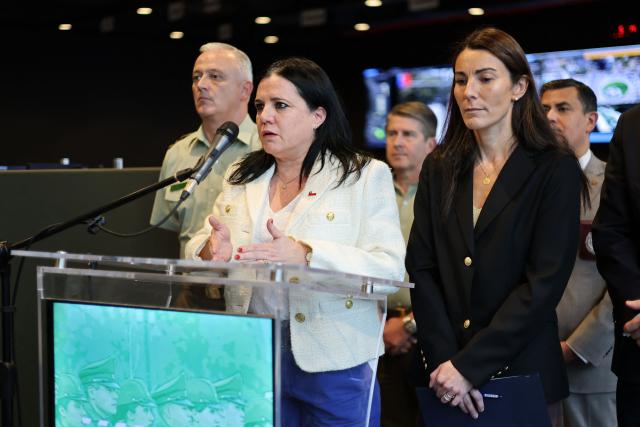 Chile's Minister of Public Security Trinidad Steinert (C) speaks beside Minister of Education Maria Paz Arzola at a press conference after an armed student attacked classmates and teachers at a school in Calama, in northern Chile, in Santiago on March 27, 2026. A student killed a school employee with a knife and wounded four others — three of them minors — in northern Chile on Friday, in an attack inside a private school, the government said. (Photo by Javier TORRES / AFP)