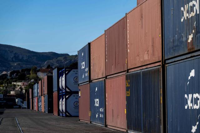 This photograph shows intermodal containers during the visit of France's junior Minister for Public Accounts at the Grand Port Maritime of Marseille, southeastern France on March 27, 2026.  (Photo by MIGUEL MEDINA / AFP)