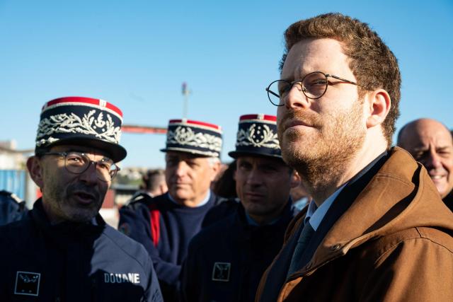 France's junior Minister for Public Accounts David Amiel looks on as he takes part in a visit of the Grand Port Maritime of Marseille, southeastern France on March 27, 2026.  (Photo by Elodie CLEMENT / AFP)