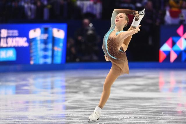 Estonia's Niina Petrokina performs during the women's free skating program of the 2026 ISU Figure Skating World Championships in Prague, Czech Republic on March 27, 2026. (Photo by Michal Cizek / AFP)
