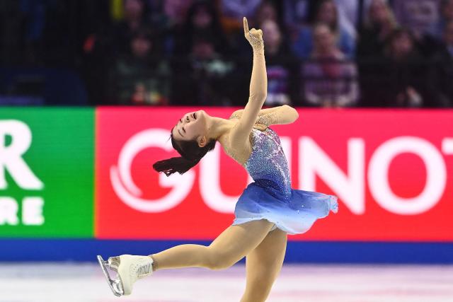 Japan's Ami Nakai performs during the women's free skating program of the 2026 ISU Figure Skating World Championships in Prague, Czech Republic on March 27, 2026. (Photo by Michal Cizek / AFP)
