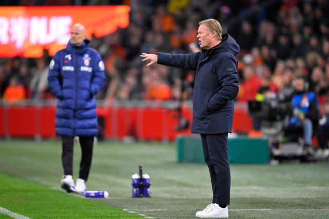 Netherlands' head coach Ronald Koeman gestures from the sideline during a friendly football match between the Netherlands and Norway at the Johan Cruijff Arena in Amsterdam on March 27, 2026. (Photo by JOHN THYS / AFP)