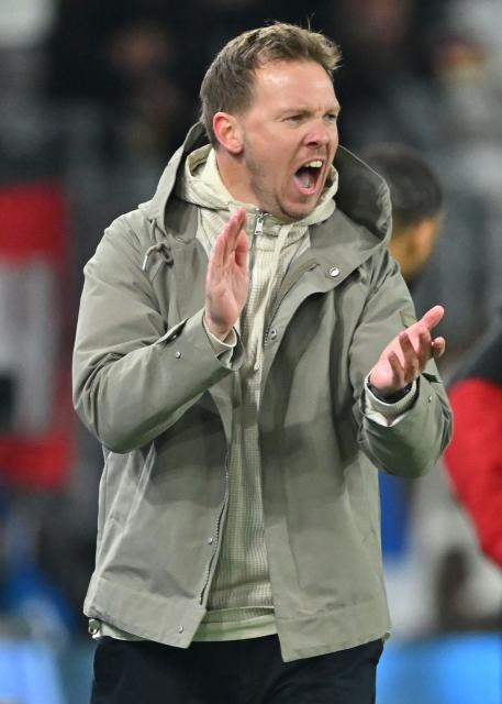 Germany's headcoach Julian Nagelsmann reacts during the international friendly football match between Switzerland and Germany at St.Jakob-Park in Basel, Switzerland on March 27, 2026. (Photo by Fabrice COFFRINI / AFP)