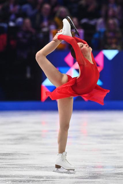 Belgium's Nina Pinzarrone performs during the women's free skating program of the 2026 ISU Figure Skating World Championships in Prague, Czech Republic on March 27, 2026. (Photo by Michal Cizek / AFP)