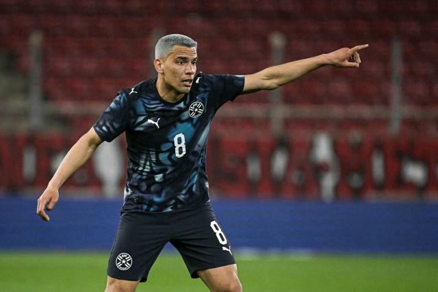 Paraguay's midfielder #08 Diego Gomez reacts during a  friendly football match between Greece and Paraguay at the Georgios Karaiskaki Stadium in Athens on March 27, 2026. (Photo by Aris MESSINIS / AFP)