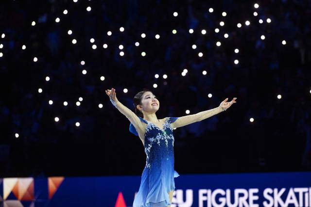 Silver-medal winner Japan's Mone Chiba celebrates after winning the women's free skating program of the 2026 ISU Figure Skating World Championships in Prague, Czech Republic on March 27, 2026. (Photo by Michal Cizek / AFP)