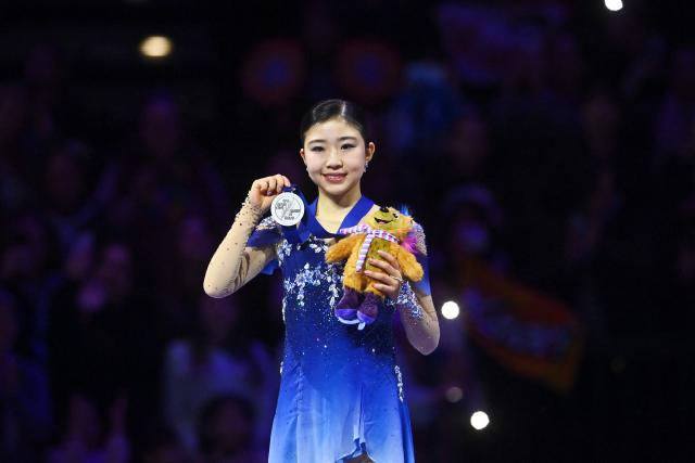 Silver-medal winner Japan's Mone Chiba celebrates after winning the women's free skating program of the 2026 ISU Figure Skating World Championships in Prague, Czech Republic on March 27, 2026. (Photo by Michal Cizek / AFP)