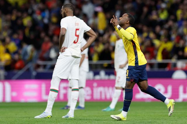 Ecuador's  midfielder #09 John Yeboah celebrates scoring the opening goal during the international friendly football match between Morocco and Ecuador at Metropolitano Stadium in Madrid on March 27, 2026. (Photo by Oscar DEL POZO / AFP)