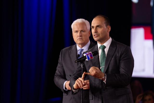 Son of former Brazilian President Jair Bolsonaro, Eduardo Bolsonaro, speaks during the Conservative Political Action Conference (CPAC) in Grapevine, Texas, on March 27, 2026. American conservatives converge on Texas this week for what organizers bill as their largest and most influential gathering, with the Iran war and fears of a punishing midterm election cycle heightening the stakes. (Photo by Leandro Lozada / AFP)