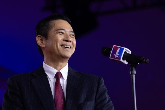 Japanese conservative political commentator Hiroaki Aeba speaks on the main stage during the Conservative Political Action Conference (CPAC) in Grapevine, Texas, on March 27, 2026. American conservatives converge on Texas this week for what organizers bill as their largest and most influential gathering, with the Iran war and fears of a punishing midterm election cycle heightening the stakes. (Photo by Leandro Lozada / AFP)