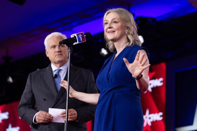 Former British Prime Minister Liz Truss speaks on the main stage during the Conservative Political Action Conference (CPAC) in Grapevine, Texas, on March 27, 2026. American conservatives converge on Texas this week for what organizers bill as their largest and most influential gathering, with the Iran war and fears of a punishing midterm election cycle heightening the stakes. (Photo by Leandro Lozada / AFP)