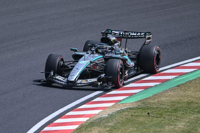 Mercedes' British driver George Russell drives during the third practice session ahead of the Formula One Japanese Grand Prix at the Suzuka circuit in Suzuka, Mie prefecture on March 28, 2026. (Photo by ANDREW CABALLERO-REYNOLDS / AFP)