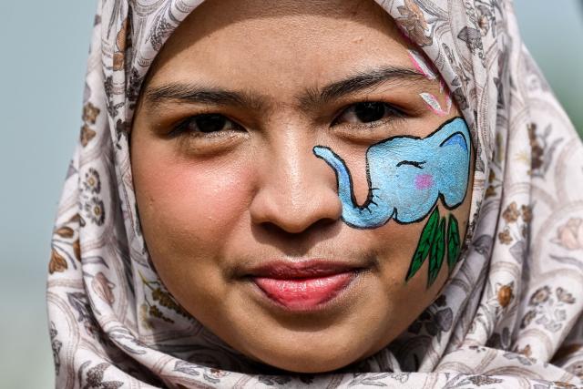 An environmental activist with a face painting looks on during a procession ahead of Earth Hour in Banda Aceh on March 28, 2026. (Photo by CHAIDEER MAHYUDDIN / AFP)