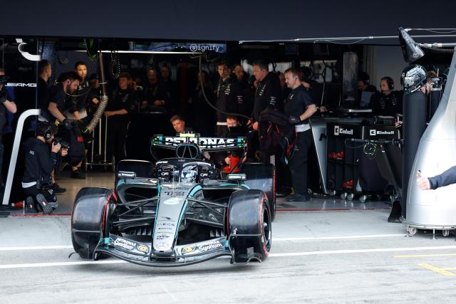 Mercedes' Italian driver Kimi Antonelli leaves the pits during the qualifying session ahead of the Formula One Japanese Grand Prix at the Suzuka circuit in Suzuka, Mie prefecture on March 28, 2026. (Photo by FRANCK ROBICHON / POOL / AFP)