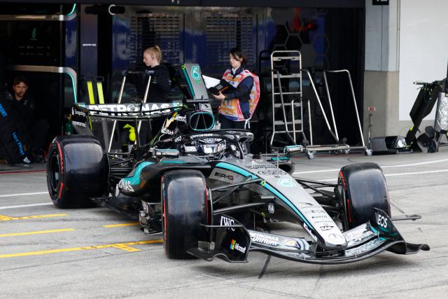 Mercedes' British driver George Russell leaves the pits during the qualifying session ahead of the Formula One Japanese Grand Prix at the Suzuka circuit in Suzuka, Mie prefecture on March 28, 2026. (Photo by FRANCK ROBICHON / POOL / AFP)