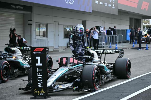 Mercedes' Italian driver Kimi Antonelli parks his car after the qualifying session ahead of the Formula One Japanese Grand Prix at the Suzuka circuit in Suzuka, Mie prefecture on March 28, 2026. (Photo by Philip FONG / AFP)
