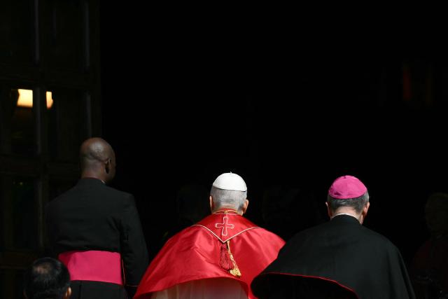 Pope Leo XIV arrives to meet with members of the catholic community in the Cathedral of the Immaculate Conception in Monte Carlo, Monaco, on March 28, 2026. Pope Leo XIV heads to the Mediterranean principality of Monaco on the French Riviera that is the pontiff's surprise pick for the first western European trip of his papacy. The US-born pope, a former missionary critical of the wealthy elite, will helicopter in for a day in the world's second-smallest state, best known for its casinos, luxury yachts and Michelin-starred dining. (Photo by Marco BERTORELLO / AFP)