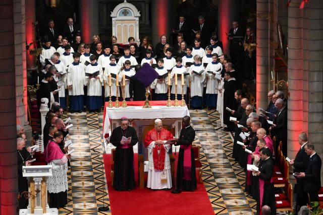 Pope Leo XIV adresses members of the catholic community in the Cathedral of the Immaculate Conception in Monte Carlo, Monaco, on March 28, 2026. Pope Leo XIV heads to the Mediterranean principality of Monaco on the French Riviera that is the pontiff's surprise pick for the first western European trip of his papacy. The US-born pope, a former missionary critical of the wealthy elite, will helicopter in for a day in the world's second-smallest state, best known for its casinos, luxury yachts and Michelin-starred dining. (Photo by Marco BERTORELLO / AFP)