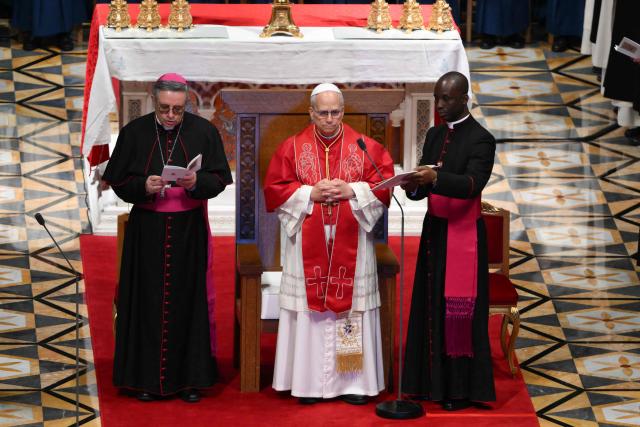 Pope Leo XIV adresses members of the catholic community in the Cathedral of the Immaculate Conception in Monte Carlo, Monaco, on March 28, 2026. Pope Leo XIV heads to the Mediterranean principality of Monaco on the French Riviera that is the pontiff's surprise pick for the first western European trip of his papacy. The US-born pope, a former missionary critical of the wealthy elite, will helicopter in for a day in the world's second-smallest state, best known for its casinos, luxury yachts and Michelin-starred dining. (Photo by Marco BERTORELLO / AFP)