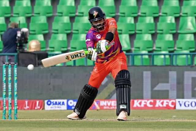 Rawalpindi Pindiz's Pakistani cricket player Muhammad Rizwan plays a shot during the Pakistan Super League (PSL) T20 match between Peshawar Zalmi and Rawalpindi Pindiz at the Gaddafi Cricket Stadium in Lahore on March 28, 2026. (Photo by Arif ALI / AFP)