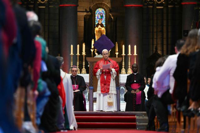 Pope Leo XIV addresses members of the catholic community in the Cathedral of the Immaculate Conception in Monte Carlo, Monaco, on March 28, 2026. Pope Leo XIV heads to the Mediterranean principality of Monaco on the French Riviera that is the pontiff's surprise pick for the first western European trip of his papacy. The US-born pope, a former missionary critical of the wealthy elite, will helicopter in for a day in the world's second-smallest state, best known for its casinos, luxury yachts and Michelin-starred dining. (Photo by Marco BERTORELLO / AFP)