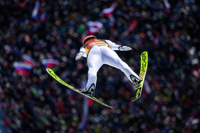 Austria's Stefan Kraft competes during the trial round of the Men Team Flying Hill competition of the FIS Ski Jumping World Cup in Planica, Slovenia on March 28, 2026. (Photo by Jure Makovec / AFP)