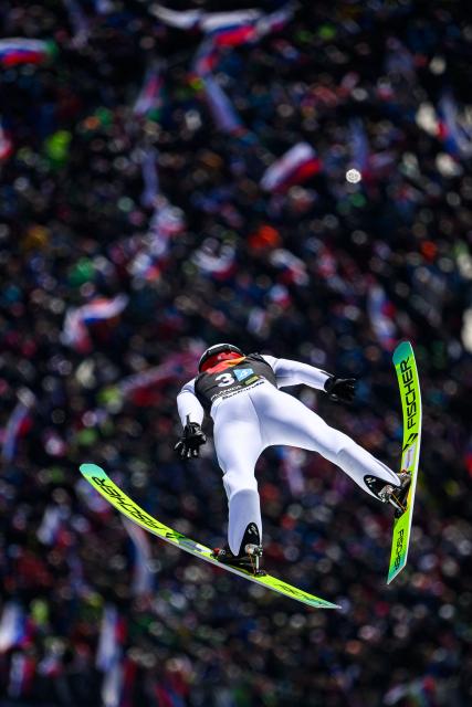 Poland’s Kamil Stoch competes during the trial round of the Men Team Flying Hill competition of the FIS Ski Jumping World Cup in Planica, Slovenia on March 28, 2026. (Photo by Jure Makovec / AFP)
