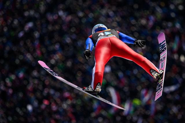 Norway’s Johann Andre Forfang competes during the trial round of the Men Team Flying Hill competition of the FIS Ski Jumping World Cup in Planica, Slovenia on March 28, 2026. (Photo by Jure Makovec / AFP)