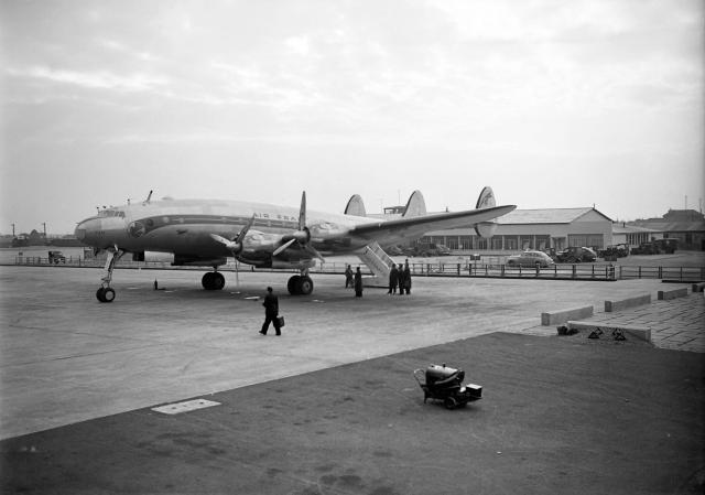 (FILES) An Air France Lockheed Constellation aircraft is seen on the tarmac of Orly airport, on November 04, 1946 before its stopover flight for New York. Air France is leaving Paris Orly Airport on March 28, 2026 to refocus its operations on Roissy Paris-Charles de Gaulle Airport, which will continue to serve routes to Nice, Toulouse and Marseille. The last flight bearing the French airline’s livery is a Nice-Paris service due to land at Orly at 9.55 pm, Air France told AFP. (Photo by AFP)