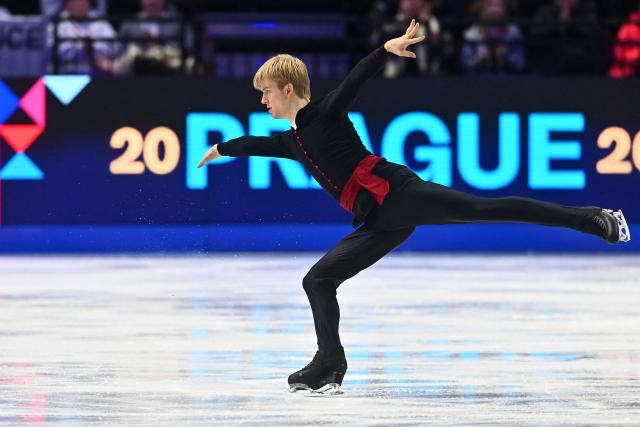Italy’s Daniel Grassl performs during the men's free skating program of the 2026 ISU Figure Skating World Championships in Prague, Czech Republic on March 28, 2026. (Photo by Michal Cizek / AFP)