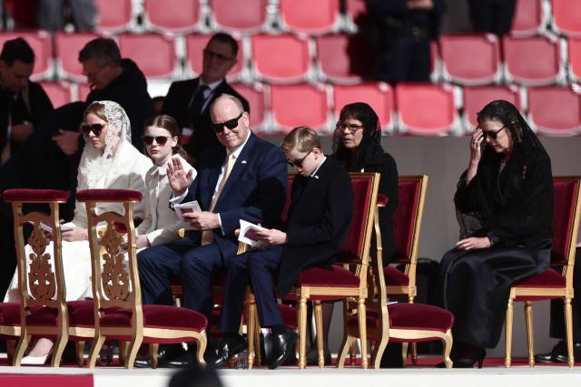 Princess Charlene of Monaco (L), Prince's Albert II of Monaco, his sisters Caroline of Hanover Caroline of Monaco (R) and Stephanie of Monaco and Prince's Jacques of Monaco arrive for a Holy Mass by Pope Leo XIV at the Louis II Stadium in Monaco, on March 28, 2026. Pope Leo XIV denounced the widening gap between the haves and have-nots as he visited Monaco, a millionaires' playground that is the surprise pick for the first western European trip of his papacy. (Photo by Thibaud MORITZ / AFP)