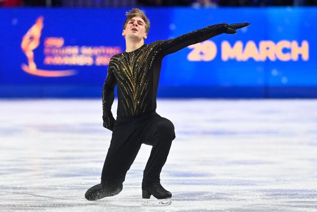 USA's Andrew Torgashev performs during the men's free skating program of the 2026 ISU Figure Skating World Championships in Prague, Czech Republic on March 28, 2026. (Photo by Michal Cizek / AFP)