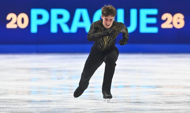 USA's Andrew Torgashev performs during the men's free skating program of the 2026 ISU Figure Skating World Championships in Prague, Czech Republic on March 28, 2026. (Photo by Michal Cizek / AFP)