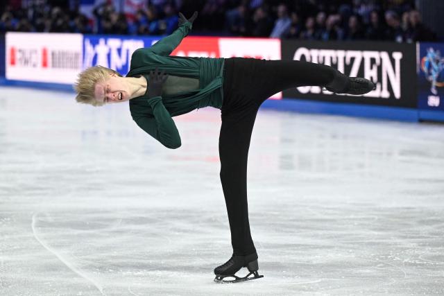 Canada’s Stephen Gogolev performs during the men's free skating program of the 2026 ISU Figure Skating World Championships in Prague, Czech Republic on March 28, 2026. (Photo by Michal Cizek / AFP)