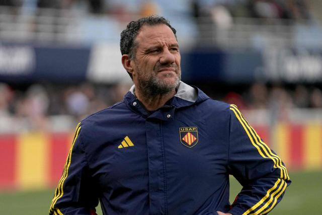 Perpignan’s French head coach Laurent Labit reacts ahead of the French Top14 rugby union match between USA Perpignan and RC Toulon at the Aime-Giral stadium in Perpignan, south-western France on March 28, 2026. (Photo by Idriss Bigou-Gilles / AFP)