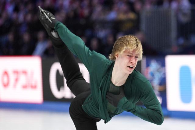 Canada’s Stephen Gogolev performs during the men's free skating program of the 2026 ISU Figure Skating World Championships in Prague, Czech Republic on March 28, 2026. (Photo by Michal Cizek / AFP)