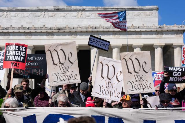 Demonstrators gather at the Lincoln Memorial during the "No Kings" national day of protest in Washington, DC, on March 28, 2026. Nationwide protests against US President Donald Trump are expected Saturday as millions of people vent fury over what they see as his authoritarian bent and other forms of cruel, law-trampling governance. It is the third time in less than a year that Americans will take to the streets as part of a grassroots movement called "No Kings," the most vocal and visual conduit for opposition to Trump since he began his second term in January 2025. (Photo by Ken Cedeno / AFP)