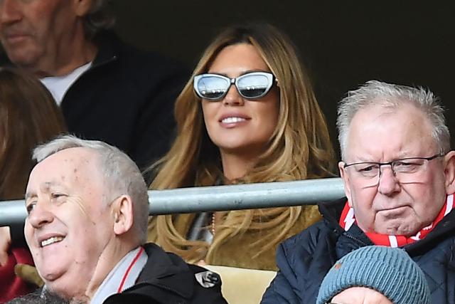 Wife of Liverpool Legends' striker Peter Crouch, Abbey Clancy watches during the Legends football match between Liverpool Legends and Dortmund Legends at Anfield in Liverpool, north-west England on March 28, 2026. (Photo by PETER POWELL / AFP)