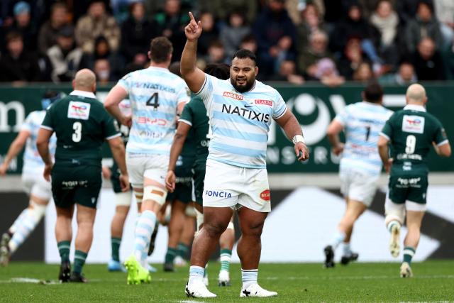 Racing 92' Tongan prop Taniela Tupou reacts after his team scored a try during the French Top14 rugby union match between Section Paloise Bearn Pyrenees (Pau) and Racing92 at Stade du Hameau in Pau, south-western France on March 28, 2026. (Photo by ROMAIN PERROCHEAU / AFP)
