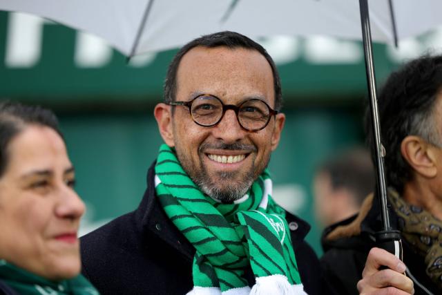 Newly elected Mayor of Pau Jerome Marbot reacts ahead of the French Top14 rugby union match between Section Paloise Bearn Pyrenees (Pau) and Racing92 at Stade du Hameau in Pau, south-western France on March 28, 2026. (Photo by ROMAIN PERROCHEAU / AFP)